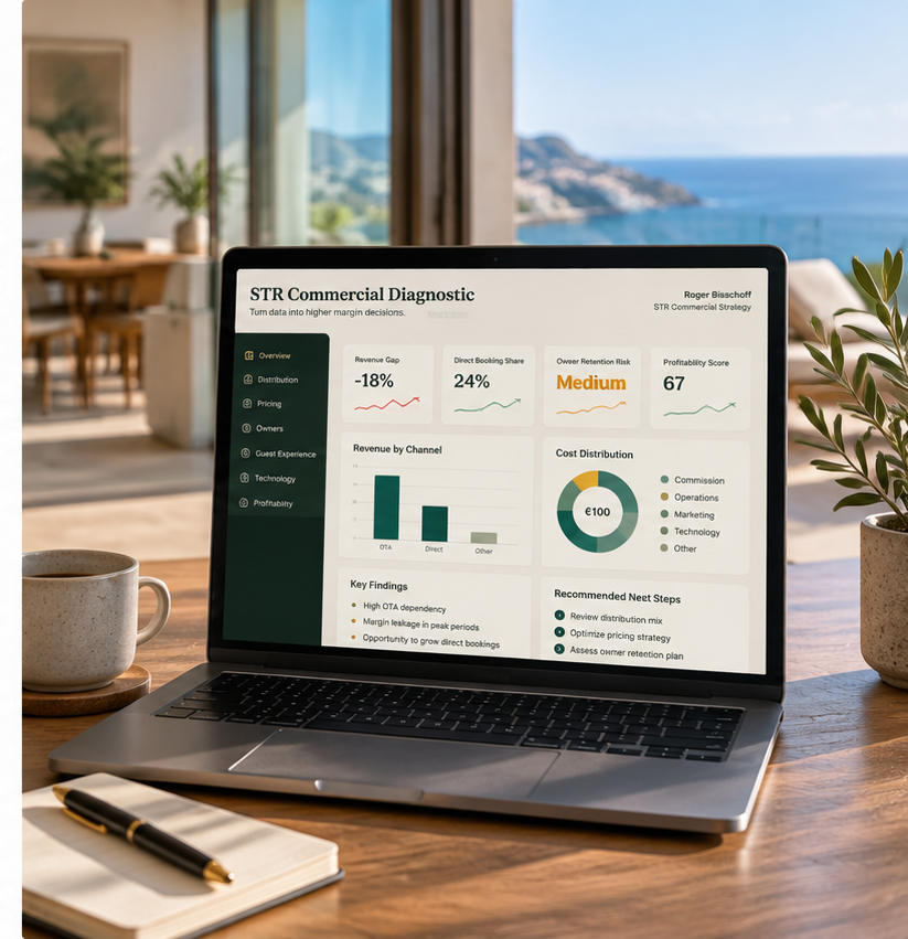 Laptop on a table in a bright STR property showing the STR Commercial Diagnostic results — revenue gap, direct booking share, owner retention risk, and profitability score