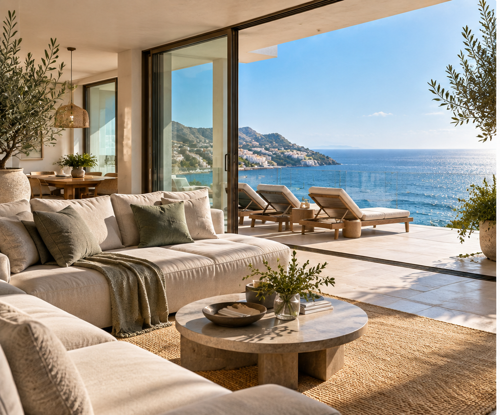 Bright, high-end short-term rental interior with floor-to-ceiling windows opening onto a terrace and sea view